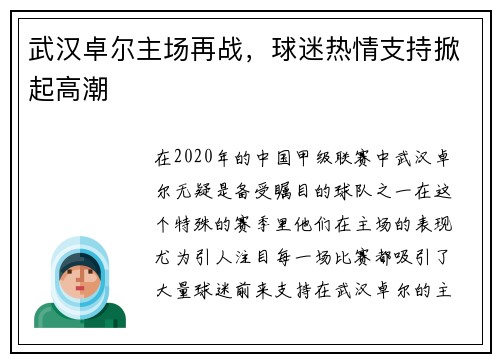武汉卓尔主场再战，球迷热情支持掀起高潮